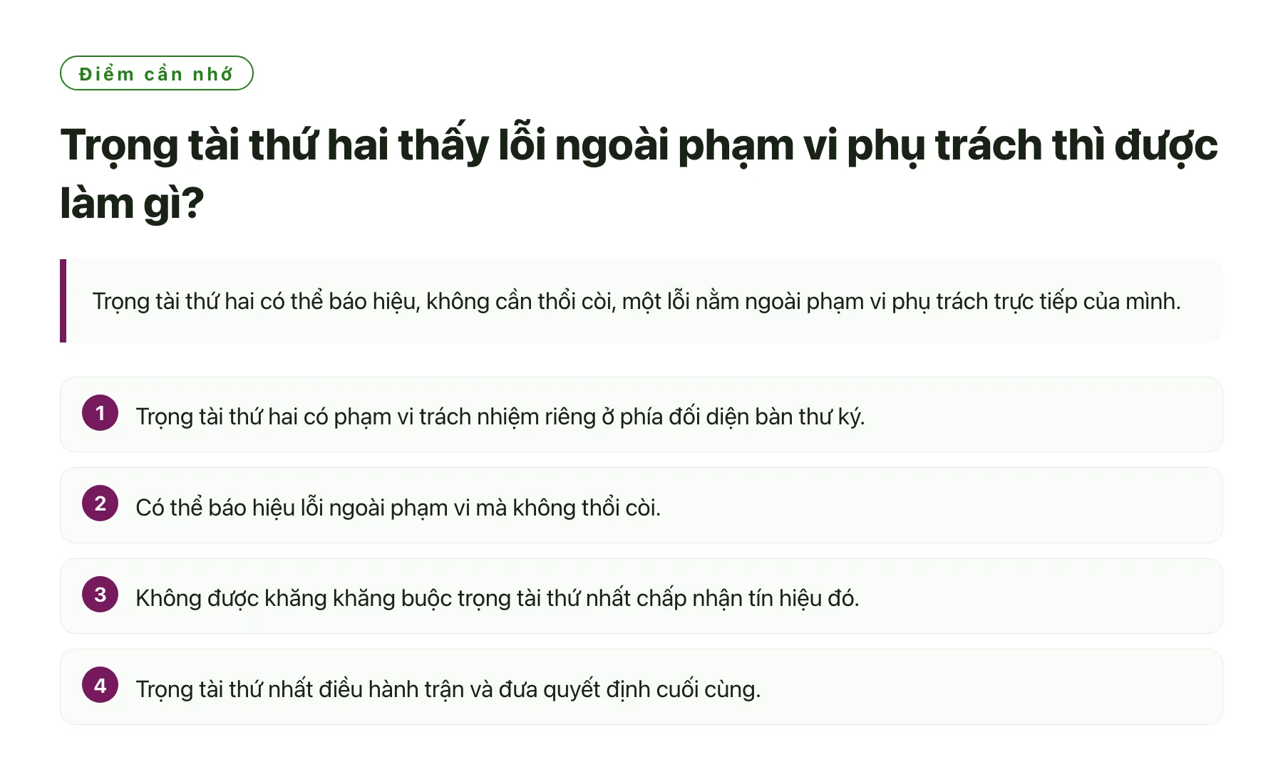 Trọng tài thứ hai thấy lỗi ngoài phạm vi phụ trách thì được làm gì?——全文要点速览